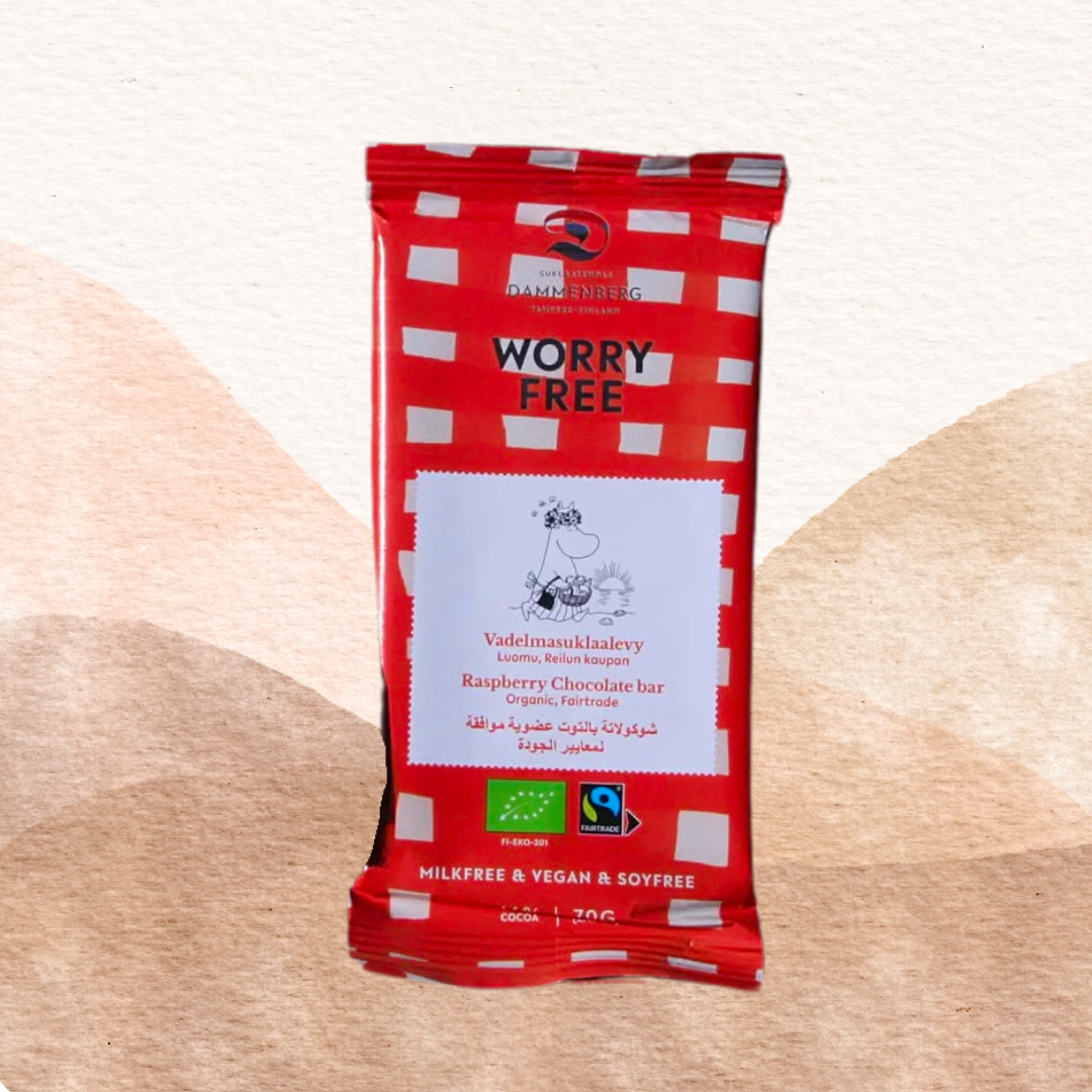 Muumi Luomu Vadelma suklaalevy 70g, soijaton, maidoton, vegaani 46%