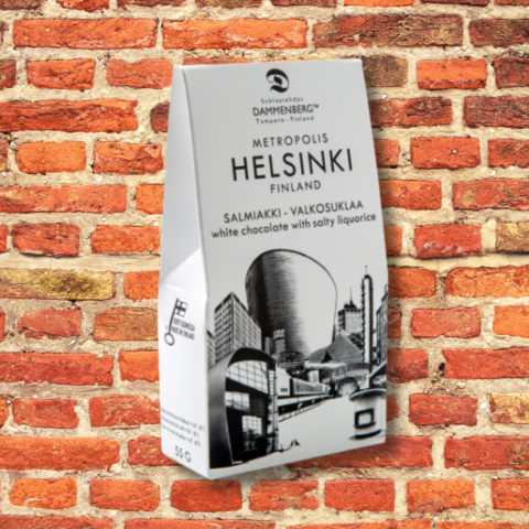 Metropolis Helsinki 55g salmiakki-valkosuklaanappi