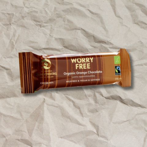 Worry free luomu,  vegaani, maidoton appelsiini suklaa patukka 46 %, 23 g