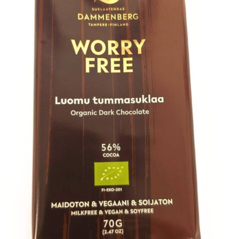 Worry free , luomu 56 % tumma suklaa, vegaani, soijaton, maidoton 70g