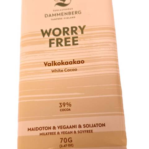 Worry free maidoton, soijaton 39 % valko kaakaolevy  70g