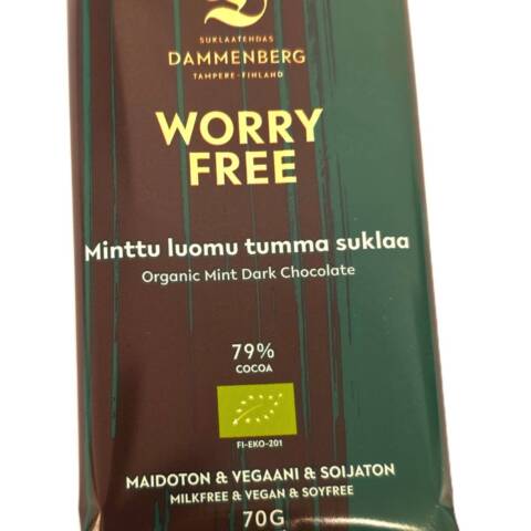 Worry free luomu, minttu tumma suklaalevy 79 %, 70 g (2,47oz.) FI-EKO-201