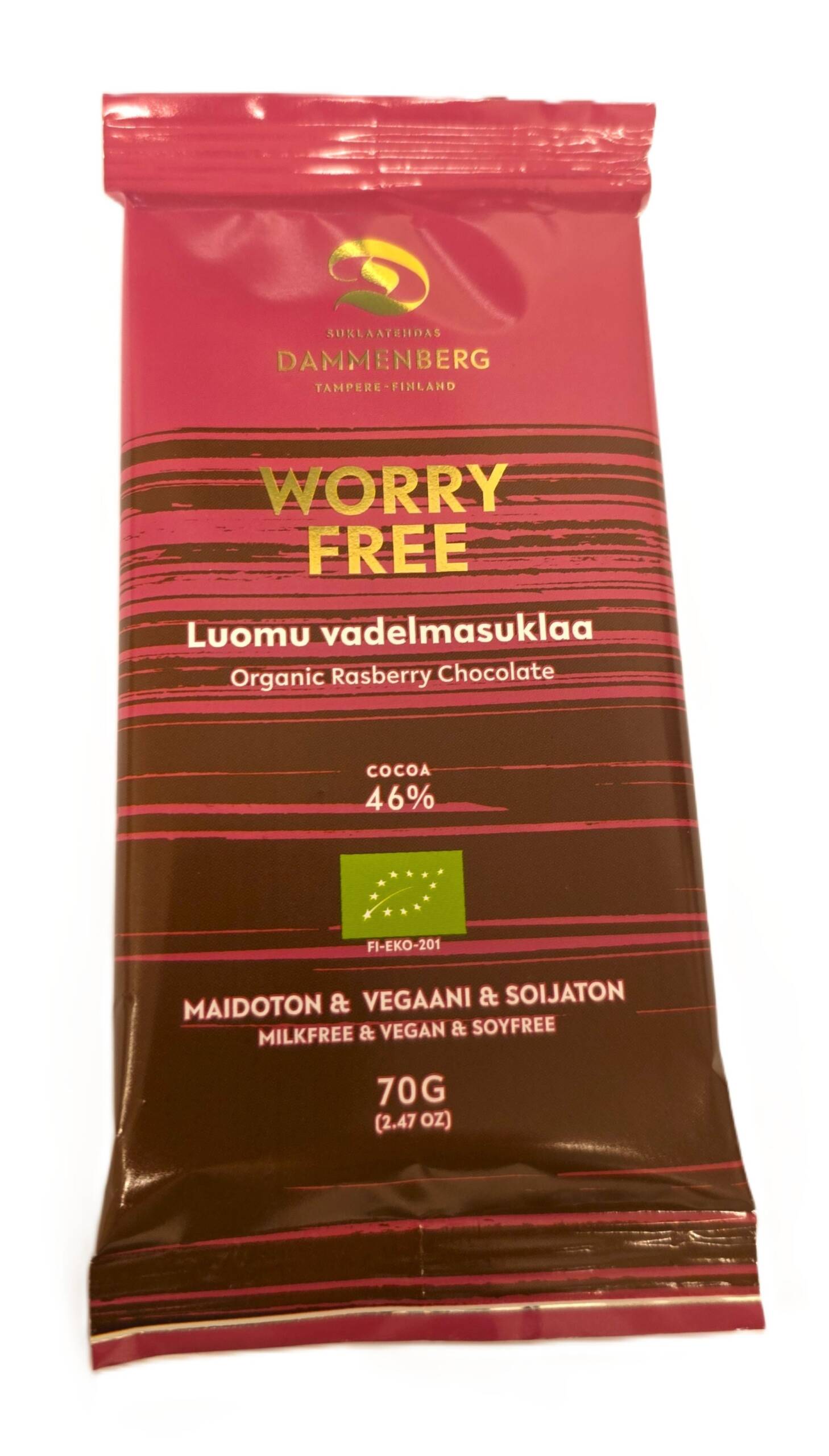 Worry free Luomu, vadelma 46 % suklaalevy 70g