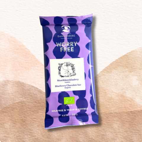 Muumi luomu, Mustikka 46% suklaa levy 70g, vegaani, soijaton, maidoton