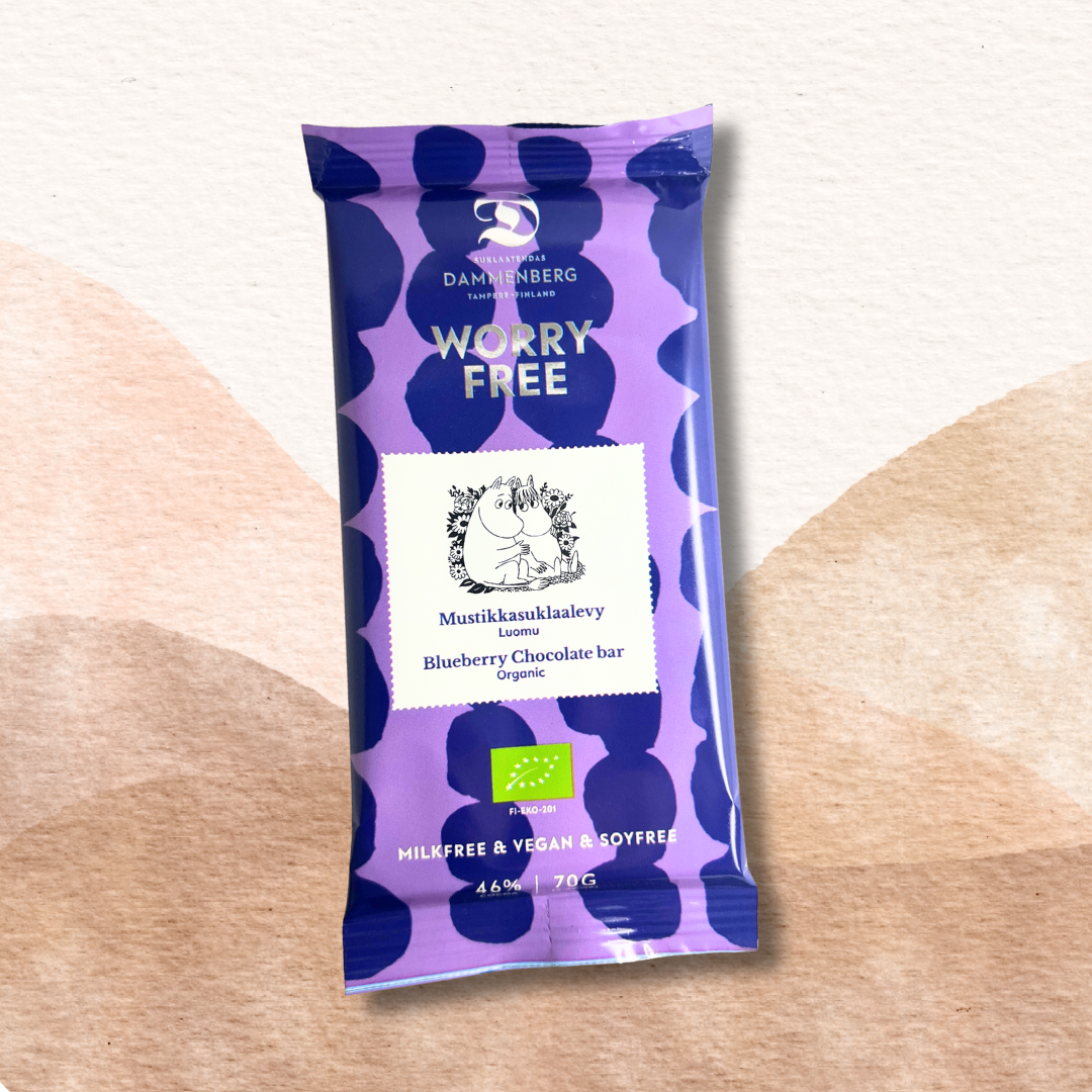 Muumi luomu, Mustikka 46% suklaa levy 70g, vegaani, soijaton, maidoton