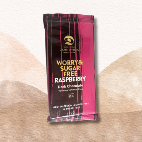 Ei lisättyä sokeria, Ei lisättyjä makeutusaineita 60% Vadelma tumma suklaalevy, vegaani 70g