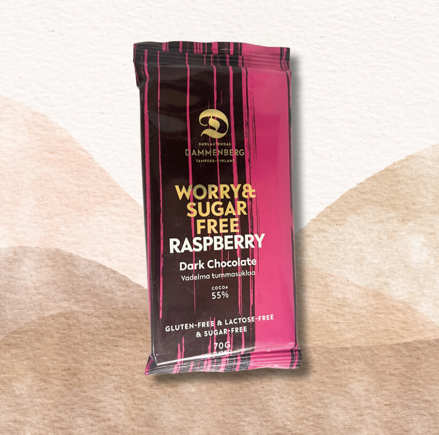 Ei lisättyä sokeria, Ei lisättyjä makeutusaineita 60% Vadelma tumma suklaalevy, vegaani 70g